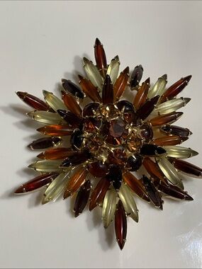 VTG Schreiner Starburst Cabochon Navette Amber & Citrine Glass Brooch